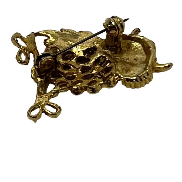Owl Brooch Clear Rhinestone Eyes Filigree Gold Tone Vintage Pin - Picture 6 of 8